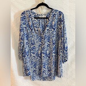 Chelsea & Theodore Blue and White Paisley Tunic Blouse